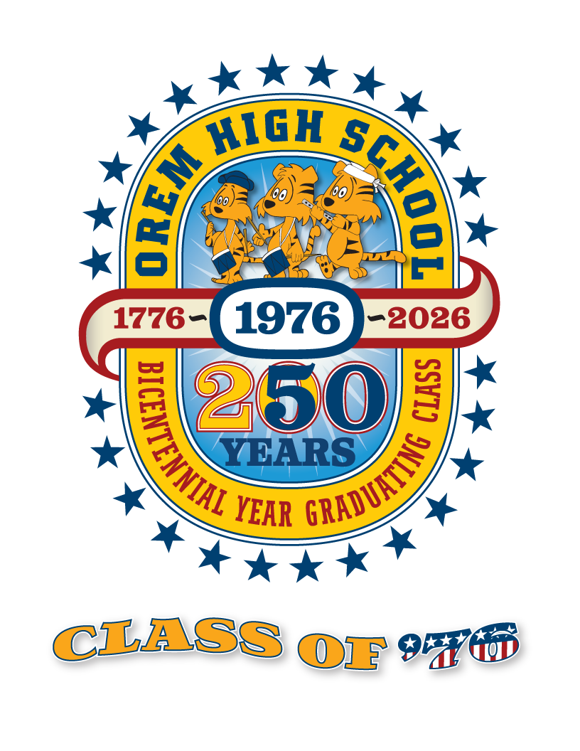 orem high school class of 1976 reunion logo with 3 cartoon tigers marching.